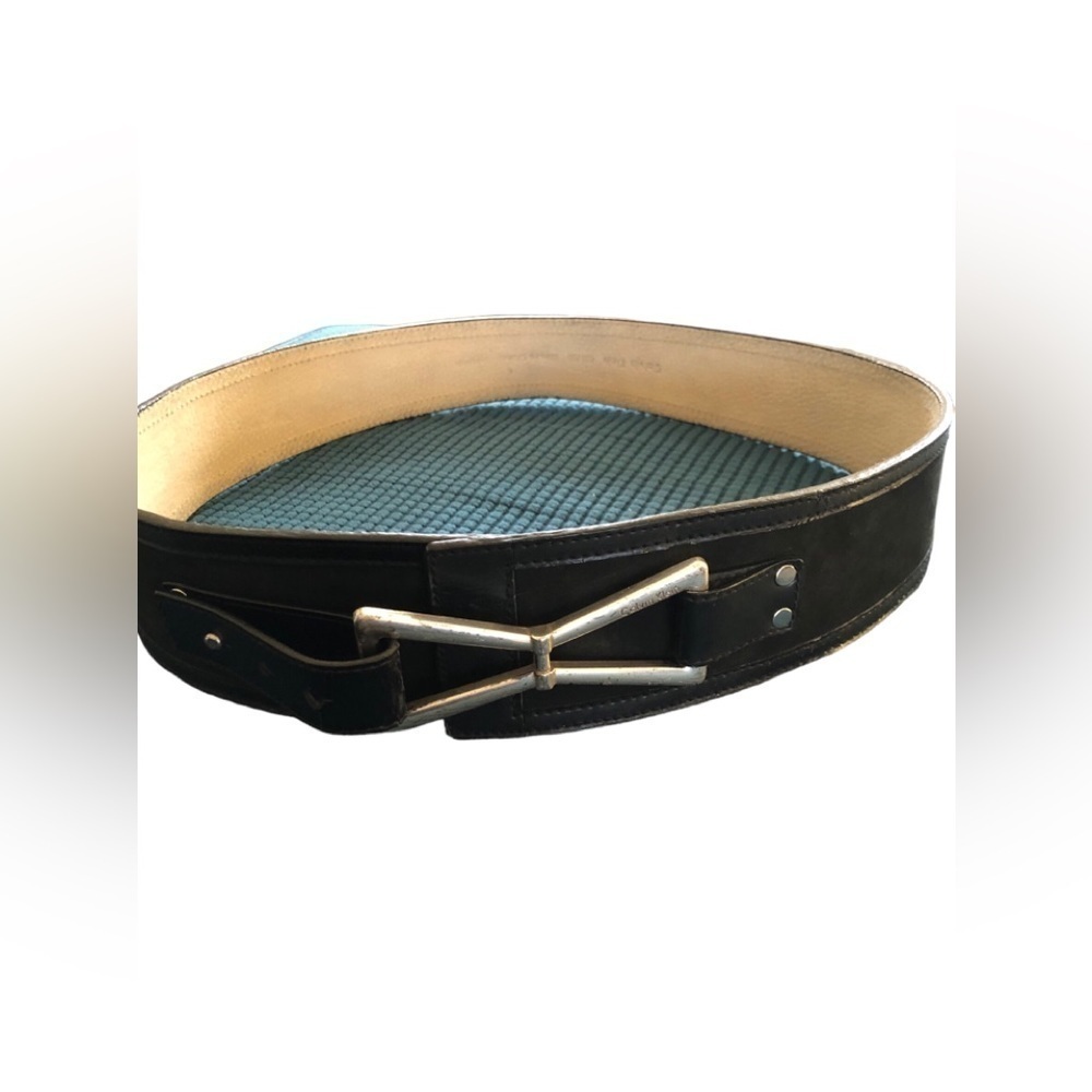 Calvin Klein Wide Leather/Suede Belt Black Silver Logo Medallion 2.75”W Sz. XL
